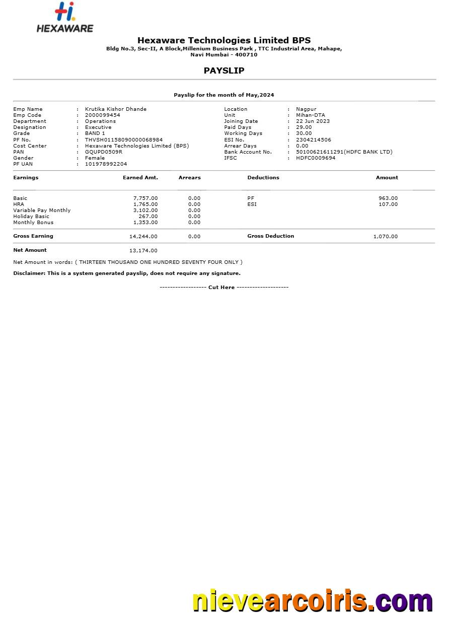 Hexaware Technologies payslip